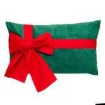 Coussin de no�l rectangulaire (30 x 50 cm) n?ud en velours rouge et vert