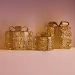Lot de 3 cadeaux lumineux � piles 30 led (h30 cm) f�erie or et blanc chaud