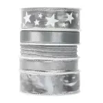 Lot de 5 rubans de no�l 3 m - satin et �toiles argent m�talis�