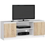 Akord - meuble tv pour salon blanc 140 cm 2 portes fa�ade ch�ne sonoma 2 �tag�res 140x40x55 cm