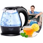 Ad 1224 bouilloire �lectrique en verre 1, 5 litre, int�rieur �clair�, sans fil 2200w noir - adler