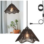 Autrucker lustre en rotin � brancher, lustre de style boh�me, luminaire suspendu, lumi�re tricolore, ...