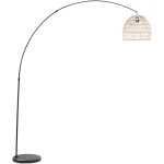 Lampe sur pied au style moderne avec un abat - jour en rotin soutenu par une tige tendue en métal noir ... Lampe sur pied au style moderne avec un abat - jour en rotin soutenu par une tige tendue en métal noir ...