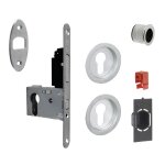Serrure porte coulissante � crochet - axe 50mm - rosaces rondes cylindre i + tire - doigts + gache trou ...