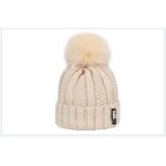 Bonnet en tricot doubl� polaire peluche doux pour femme - beige - torsades et gros pompom fausse fourrure ...
