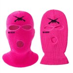 Bonnet tricot� 3 trous avec broderie lettre, cache - visage chaud pour ski, cyclisme, running, rose rouge ...