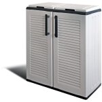 Cache poubelles de tri selectif 2 sacs - armoire recyclage 68 x 37 x 90 cm gris clair 2 portes 4 pieds ...