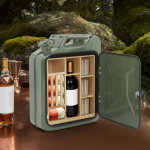 Caisse � vin, design en forme de bidon d'essence en fer, avec �tag�res internes en bois massif, bar mobile ...