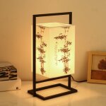 Chambre japonaise lampe de chevet, table moderne asiatique lampe w / noir cadre m�tal, cuboid tissu shade ...