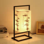 Chambre japonaise lampe de chevet, table moderne asiatique lampe w / noir cadre m�tal, cuboid tissu shade ...