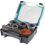 Coffret de tr�pans multi - lames - diam�tre 33. 53. 68. 73. 83 - profondeur de coupe 55 mm. foret centreur ...