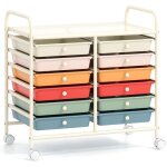 Costway - chariot de rangement � roulettes 12 tiroirs en pp, tour de rangement avec tablette, roues universell ...