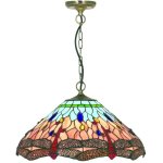 Searchlight - dragonfly - plafonnier  1 lumire, laiton antique, bleu, verre tiffany libellule, e14