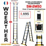 Echelle - escbeau t�lescopique 5m / 2m50 woerther avec barre stabilisatrice - avec housse et sac porte ...