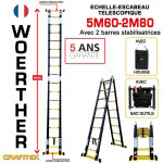 Echelle - escbeau t�lescopique 5m60 / 2m80 woerther avec barre stabilisatrice - avec housse et sac porte ...