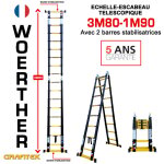 Echelle - escbeau t�lescopique3m80 / 1m90 woerther avec barre stabilisatrice - charge maximal 150kg - ...