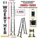 Echelle - escbeau t�lescopique3m80 / 1m90 woerther avec barre stabilisatrice - avec housse et sac porte ...