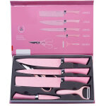 Ensemble de 6 couteaux de cuisine color�s en acier inoxydable avec manche ergonomique rose pour d�coupe ...