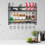 Tag�re murale noire � 2 niveaux pour 20 bouteilles et 7 gobelets