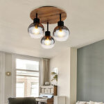 Globo - plafonnier lampe de chambre plafonnier aspect bois abat - jour en verre plafonnier 3 flammes, ...