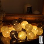 Guirlande lumineuse coton boules, 20 led usb dimmable guirlande lumineuse boule avec t�l�commande et ...