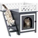 Homcom - maison niche chat sur pied - 2 niveaux, porte loquet, terrasse, escalier - bois gris blanc Homcom - maison niche chat sur pied - 2 niveaux, porte loquet, terrasse, escalier - bois gris blanc
