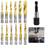 Jeu de forets et tarauds combin�s 12 pi�ces (sae 6 - 32nc1 / 4 - 20nc, m�triques m3m10) rev�tus de titane ...