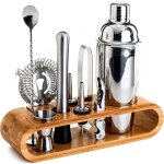 Ensemble de barman, acier inoxydable / bambou, shaker cobbler 550 ml, paquet de 10, argent / marron