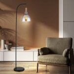 Lampadaire lampe sur pied verre fum� aspect bois lampe de salon lampadaire d'appoint, m�tal noir, mdf, ...