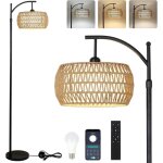 Lampadaire led dimmable avec t�l�commande ? 3 temp�ratures de couleur, abat - jour double rotin et tissu, ...