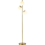 Lampadaire m�tallique dor� pour salon avec 3 globes en verre d�poli blanc, 40w, 27 cm de diam�tre, hauteur ...