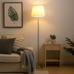 Lampadaire textile blanc lampe sur pied argent�e lampe de salon debout, m�tal, douille e27, dxh 35x151 ...