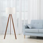 Lampadaire tr�pied effet bois noyer, abat - jour blanc kilis