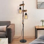 Lampadaire vintage salon , en bois � 2 flammes au design industriel en m�tal et bois - avec interrupteur ...