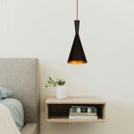 Lampe de chevet suspendue noire mat c�ble rouge, forme c�ne sile