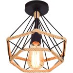 Lampe de plafond r�tro vintage plafonnier industrielle cage forme diamant en m�tal corde de chanvre fer ...