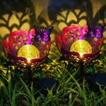 Lampe solaire ext�rieure de fleur de papillon pourpre, lampe de d�coration de fleur en m�tal de verre ...