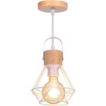 Lampe suspension e27 vintage en m�tal cage et bois lustre suspension uisine chambre salon luminaire blanc ...
