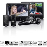 Lecteur dvd portable 2x 9 pouces avec usb sd batterie integree casque et support noir