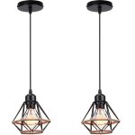 Lot de 2 lustre suspension industriel vintage interieur cage en forme diamant en mtal avec corde de ...