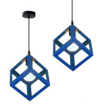 Lot de 2 lustre suspension industrielle e27 plafonnier luminaire cage cube en métal bleu Lot de 2 lustre suspension industrielle e27 plafonnier luminaire cage cube en métal bleu