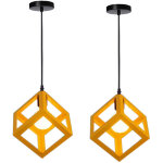 Lot de 2 lustre suspension industrielle e27 plafonnier luminaire cage cube en métal jaune Lot de 2 lustre suspension industrielle e27 plafonnier luminaire cage cube en métal jaune