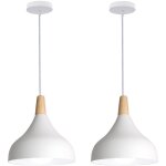 Lot de 2 suspension en m�tal et bois, lustre abat - jour � 20cm luminaire e27 60w, blanc
