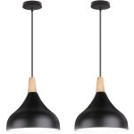 Lot de 2 suspension en m�tal et bois, lustre abat - jour � 20cm luminaire e27 60w, noir