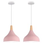 Lot de 2 suspension en m�tal et bois, lustre abat - jour � 20cm luminaire e27 60w, rose
