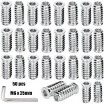 Lot de 50 �crous hexagonaux m6 x 25 mm ? inserts filet�s en bois dur ? acier galvanis� ? vissage rapide ...
