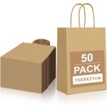 Lot de 50 petits sacs en papier kraft avec poign�e, sac cadeau marron 15 x 8 x 21 cm, sacs cadeaux en ...