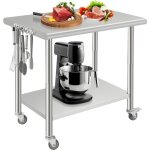 Lunsy - table de travail � roulettes inox cuisine, avec 2 etag�res, hauteur de couche inf�rieure r�glable, ...