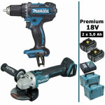 Makita - pack premium 18v 5ah: perceuse 62nm ddf482 + meuleuse 125mm dga504 + 2 batteries + 2 makpac ...