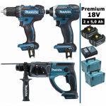 Makita - pack premium 18v 5ah: perceuse 62nm ddf482 + perforateur 2j dhr202 + visseuse 165nm dtd152 + ...